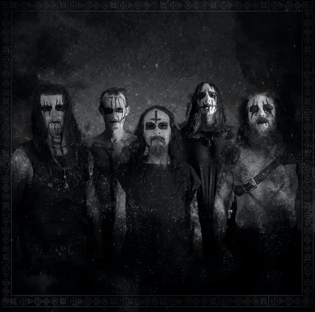 A black metal band performing live, with a high-energy atmosphere
