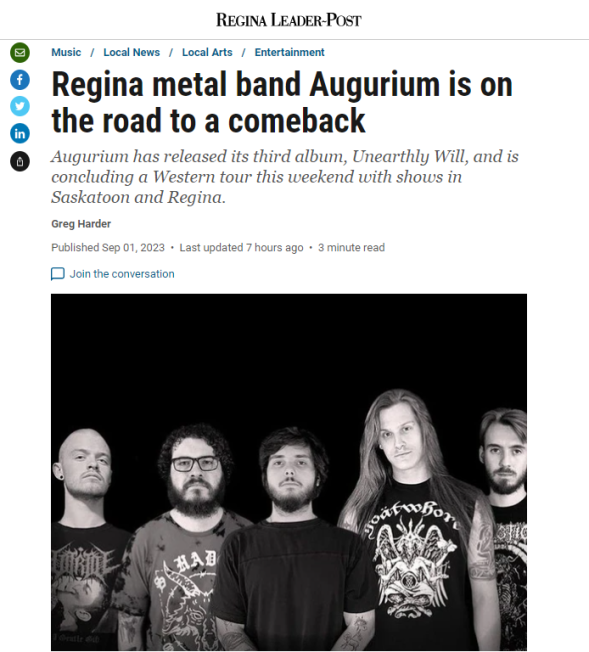 Regina Leader Post – Regina metal band Augurium is on the road to a comeback