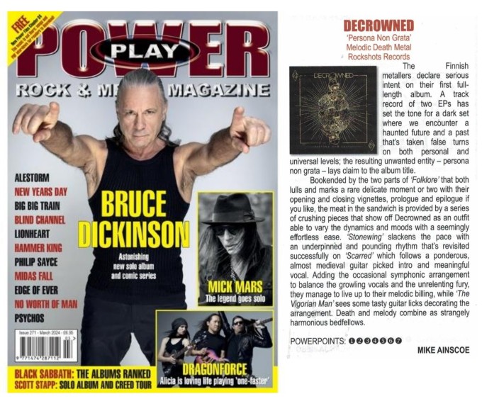 m/ Powerplay Rock and Metal Magazine m/ March 2024 – Striker, Rockshots Records – Metal De Facto, Last in Time, Decrowned