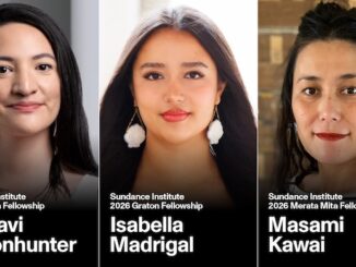2026 Sundance Institute Graton Fellows Tsanavi Spoonhunter and Isabella Madrigal with Merata Mita Fellow Masami Kawai