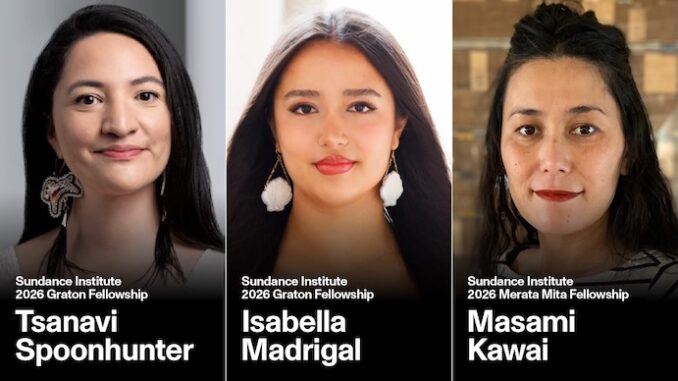 2026 Sundance Institute Graton Fellows Tsanavi Spoonhunter and Isabella Madrigal with Merata Mita Fellow Masami Kawai