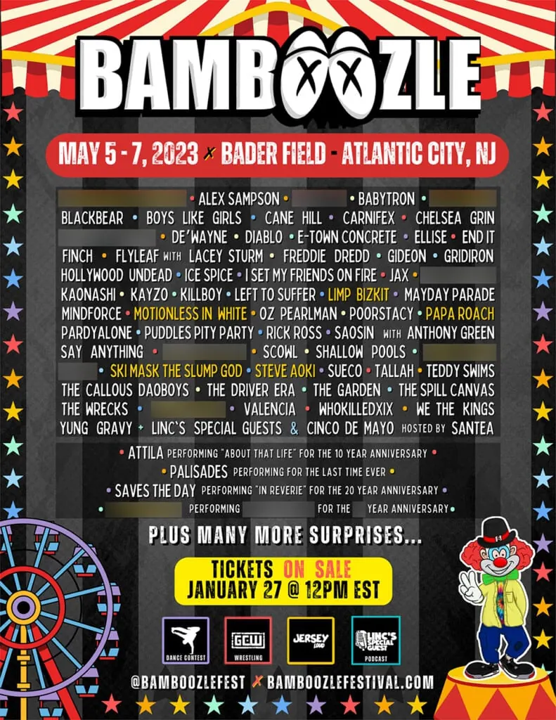 Bamboozle Festival 2023 lineup poster for May 5-7 at Bader Field in Atlantic City