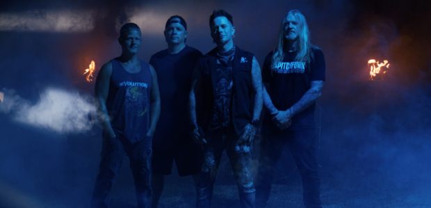 DEVOLUTION band publicity photo featuring Jon Howard, Christian Olde Wolbers, Eric Tysor and Nate Beberdick