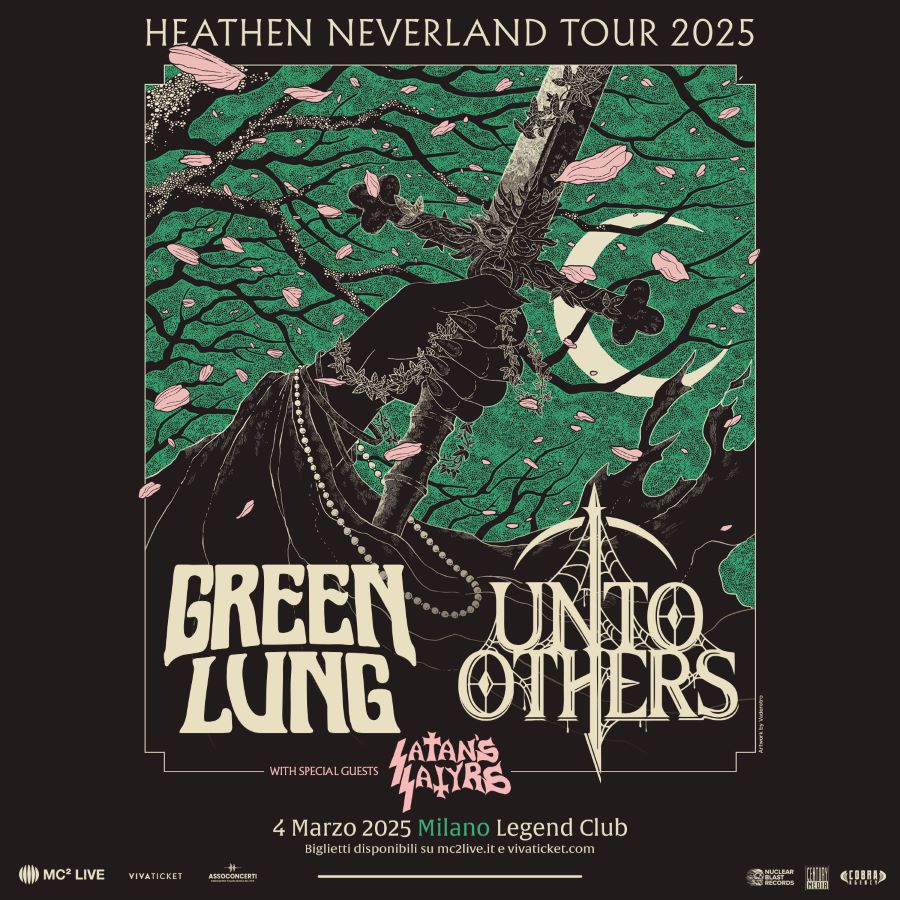 Heathen Neverland Tour 2025 poster featuring Green Lung, Unto Others and Satan's Satyrs