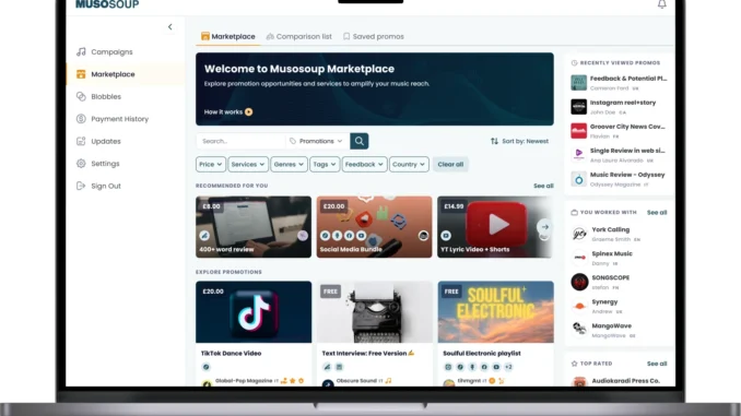 Musosoup Marketplace dashboard for independent music promotion