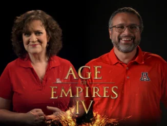University of Arizona faculty Alison Futrell and Paul Milliman with Age of Empires IV branding